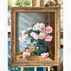 Garden roses in blue vase  - Tranh sơn dầu vẽ tay