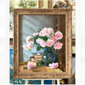 Garden roses in blue vase  - Tranh sơn dầu vẽ tay