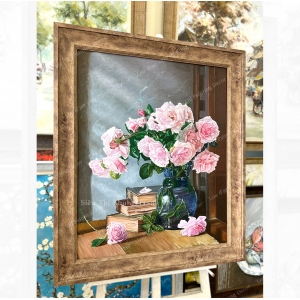 Garden roses in blue vase  - Tranh sơn dầu vẽ tay-0