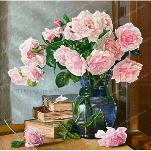 Garden roses in blue vase  - Tranh sơn dầu vẽ tay-2