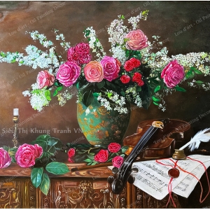 Still Life With Violin And Flowers #9 - Tranh sơn dầu vẽ tay-2