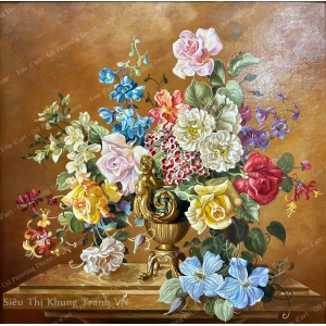 Roses, honeysuckle, delphiniums, clematis and other flowers in a bronze urn with putti on a marble pedestal - Tranh sơn dầu vẽ tay CAO CẤP-2