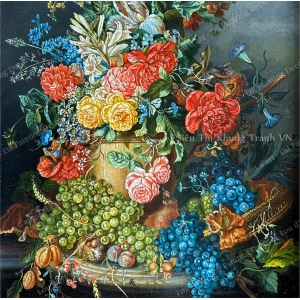 A Flower Still Life with Grapes - Tranh sơn dầu vẽ tay CAO CẤP-2