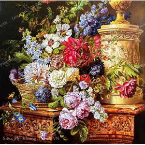 Still Life Of Flowers In A Basket by an Alabaster Urn on a Marble Pedestal - Tranh sơn dầu vẽ tay CAO CẤP-2