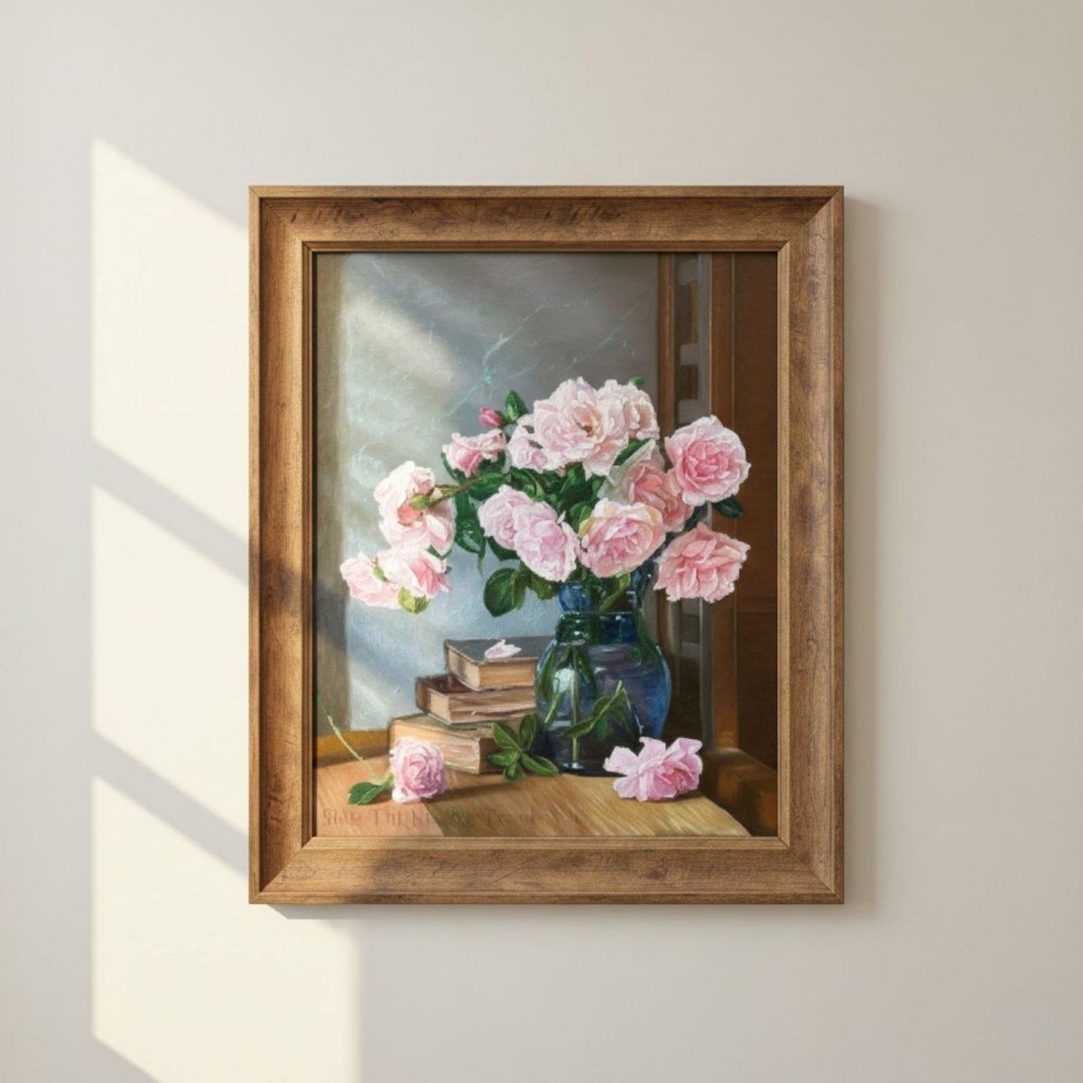 Bức tranh sơn dầu bông hoa mẫu đơn rực rỡ treo phòng khách.