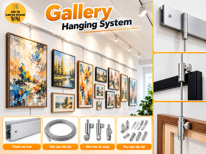 Sử dụng hệ thống ray treo tranh không cần khoan