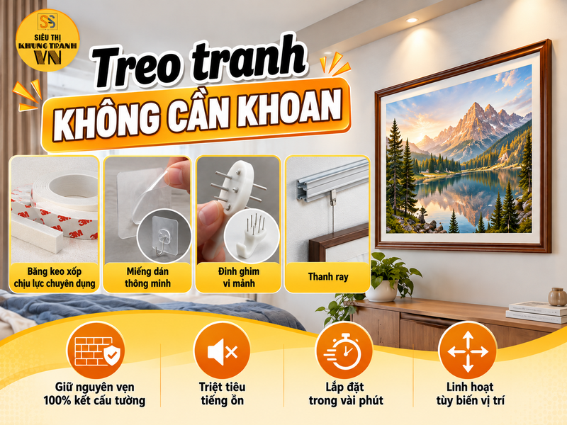Treo tranh không cần khoan bằng cách sử dụng vật liệu chịu lực